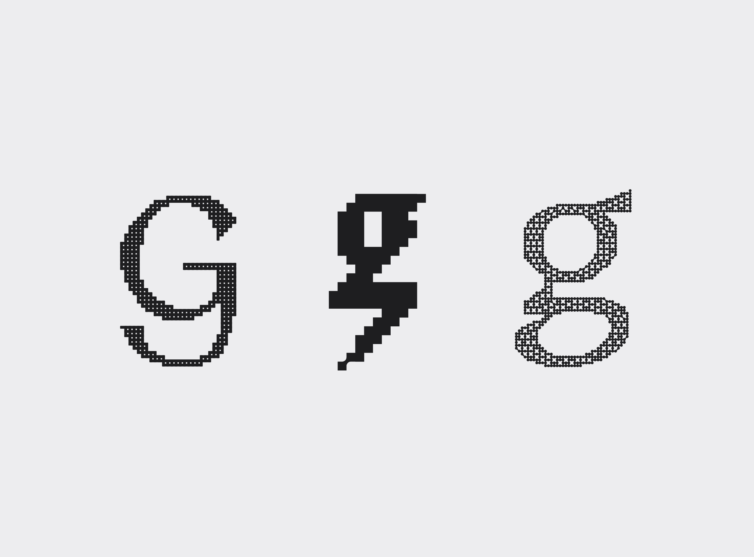 GLYPH Immersive exports — three variations of the letter G